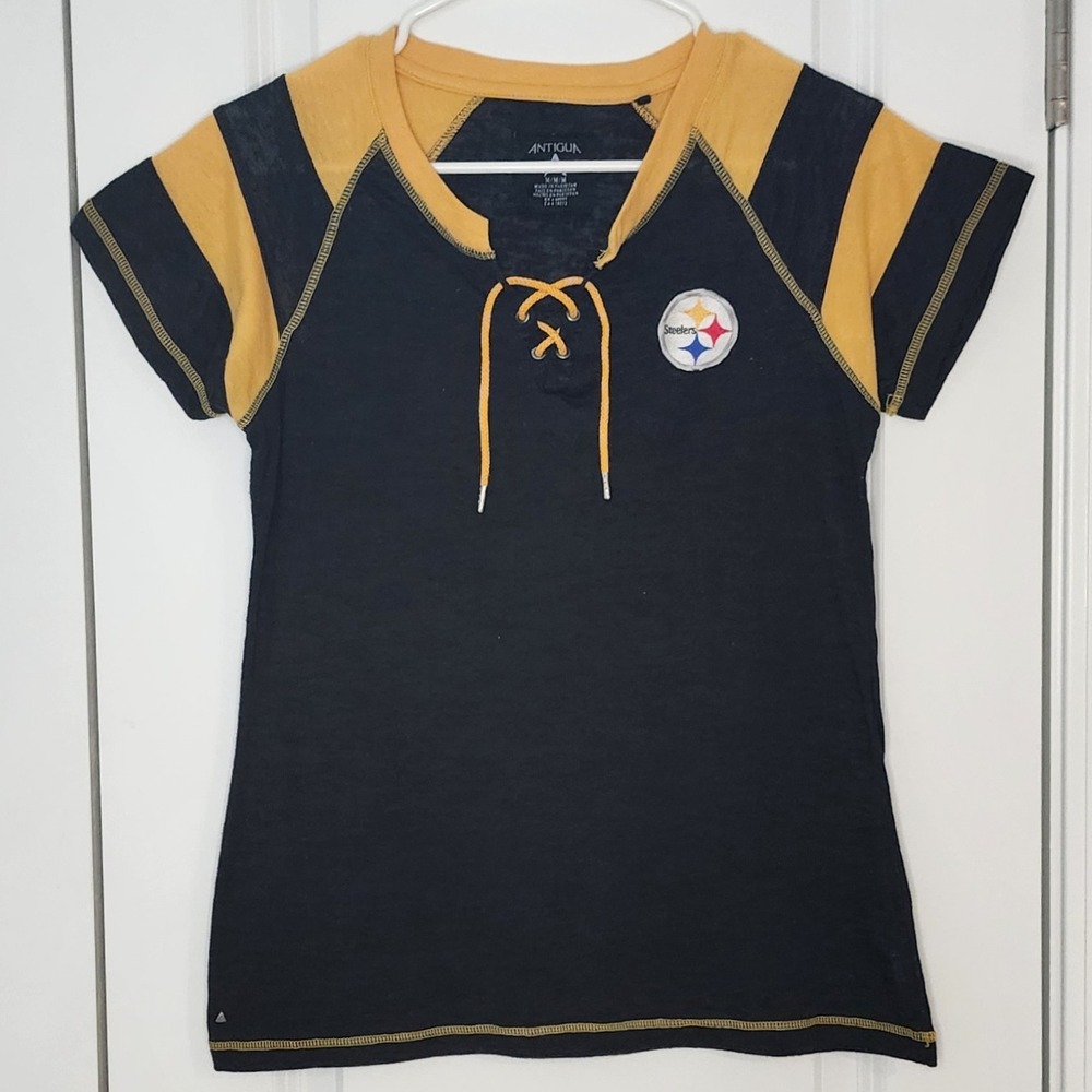 Antigua Steelers NFL Football Lace Up T-Shirt Patch Logo Black Gold M